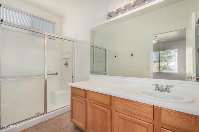 1501 S 122nd Ave, Avondale, AZ 85323 - bathroom with a shower stall, vanity, tile patterned flooring, and ceiling fan