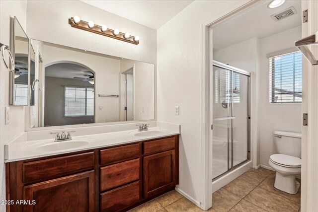 4380 E Renee Dr, Phoenix, AZ 85050 - bathroom featuring double vanity, a shower stall, tile patterned floors, toilet, and ceiling fan