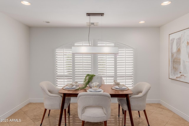 dining area with light tile patterned floors, baseboards, recessed lighting, and visible vents