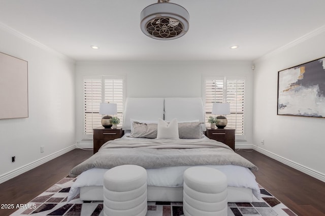 bedroom with crown molding, recessed lighting, and wood finished floors