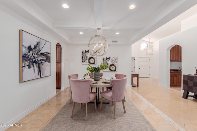 dining room with arched walkways, coffered ceiling, recessed lighting, and a notable chandelier