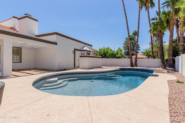 view of swimming pool featuring a fenced backyard, a fenced in pool, and a patio
