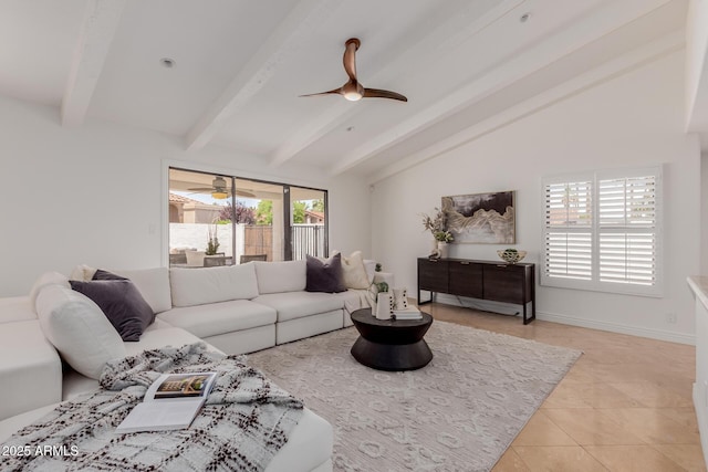 living room with ceiling fan, lofted ceiling with beams, and light tile patterned flooring