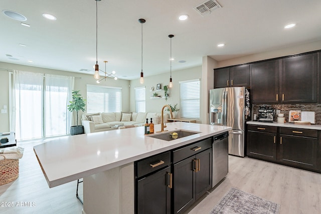 kitchen with pendant lighting, appliances with stainless steel finishes, a kitchen island with sink, and sink