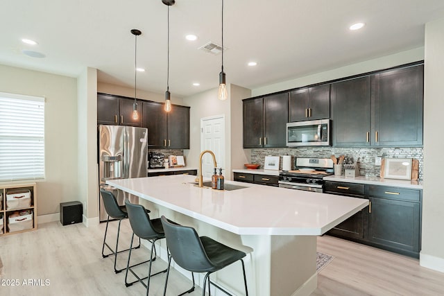 kitchen with appliances with stainless steel finishes, decorative light fixtures, sink, a kitchen bar, and a center island with sink