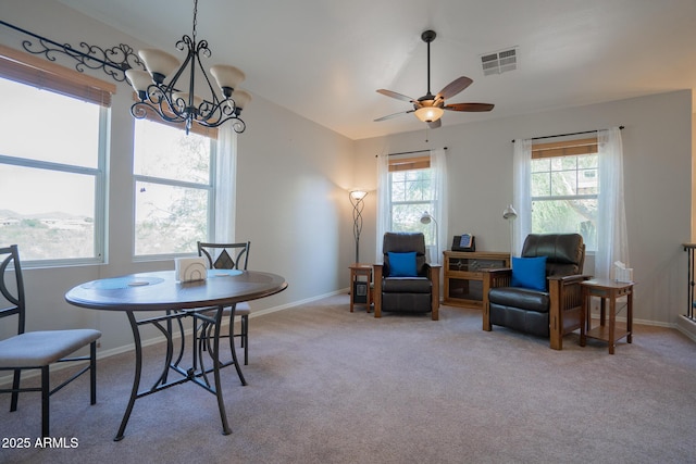 34979 N 30th Ave, Phoenix, AZ 85086 - dining area featuring carpet, a chandelier, baseboards, a ceiling fan, and lofted ceiling