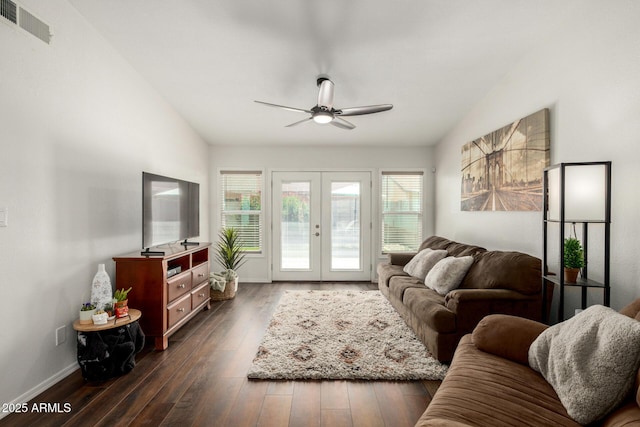 14235 N 26th Ln, Phoenix, AZ 85023 - living area featuring a ceiling fan, dark wood-style floors, french doors, and lofted ceiling