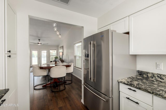 14235 N 26th Ln, Phoenix, AZ 85023 - kitchen featuring high end refrigerator, white cabinetry, dark wood finished floors, a ceiling fan, and dark stone counters