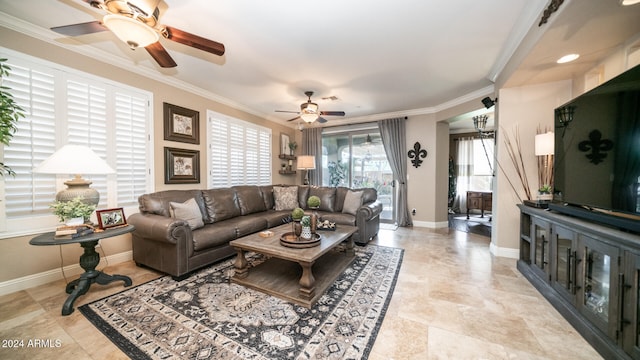 living room featuring crown molding and ceiling fan