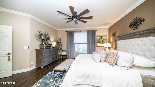 bedroom with ceiling fan, ornamental molding, and dark hardwood / wood-style flooring