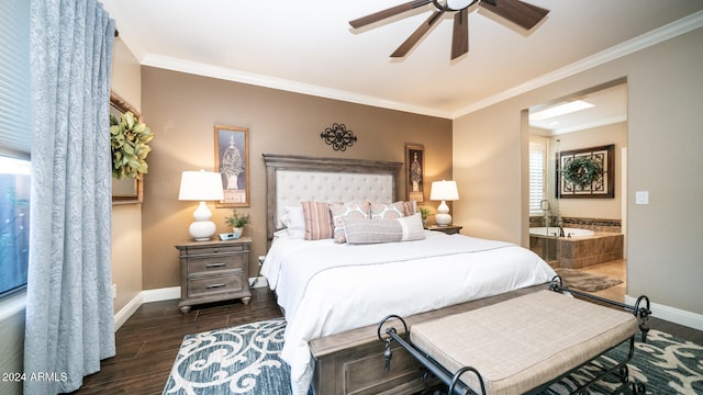 bedroom with crown molding, ensuite bath, dark wood-type flooring, and ceiling fan