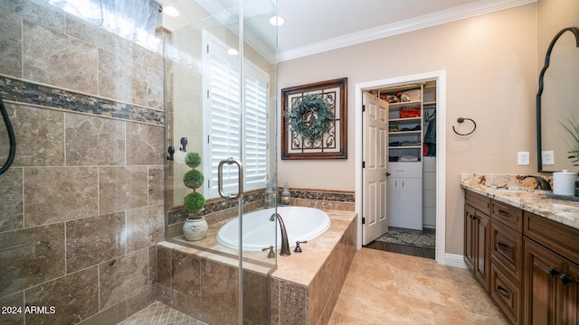 bathroom with vanity, plus walk in shower, and ornamental molding