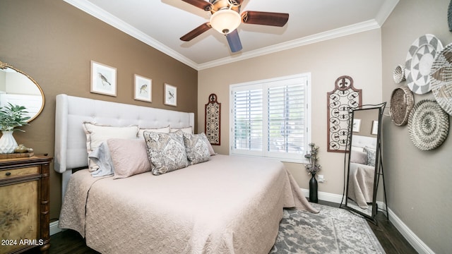 bedroom with ceiling fan, ornamental molding, and dark hardwood / wood-style floors