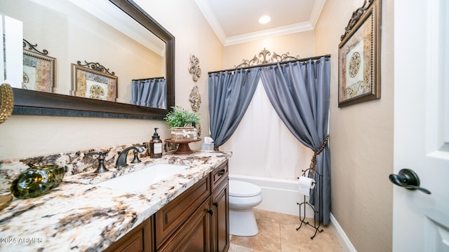 full bathroom featuring toilet, shower / bath combo with shower curtain, tile patterned floors, vanity, and crown molding