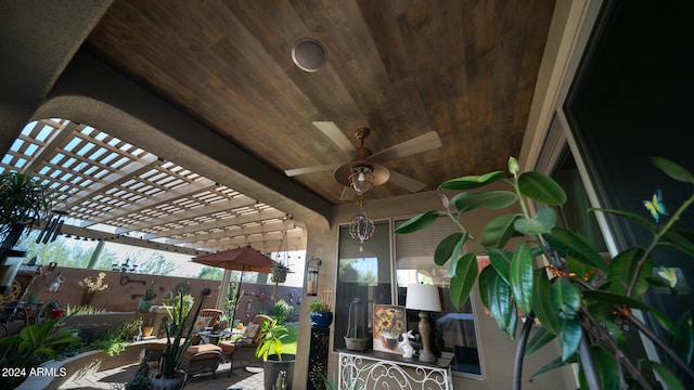 details with ceiling fan and wood ceiling