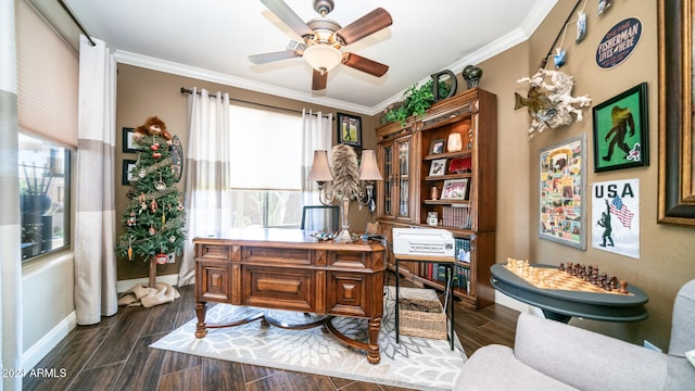 office area with ornamental molding, dark hardwood / wood-style floors, and ceiling fan