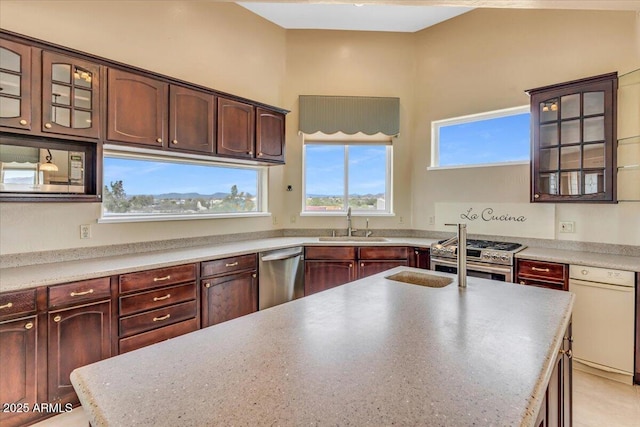 kitchen featuring a sink, stainless steel appliances, light countertops, and glass insert cabinets