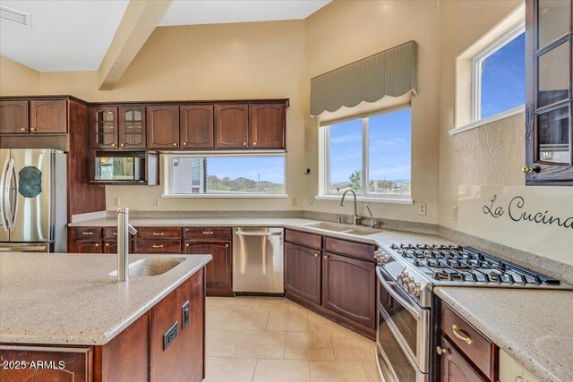 kitchen featuring appliances with stainless steel finishes, a sink, glass insert cabinets, and light stone countertops