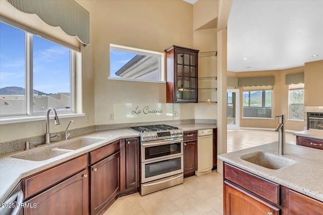 kitchen with a mountain view, stainless steel appliances, a sink, and glass insert cabinets