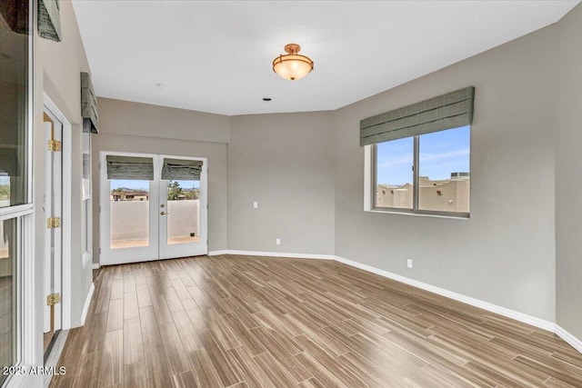 empty room featuring baseboards, a wealth of natural light, and light wood-style floors