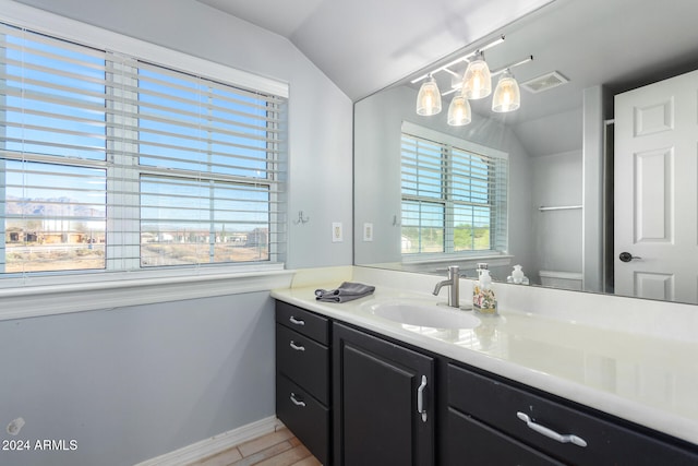 bathroom featuring vanity and lofted ceiling