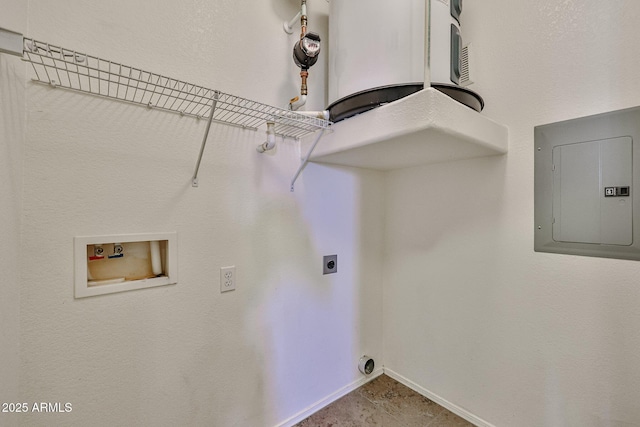 laundry room with baseboards, electric panel, laundry area, hookup for a washing machine, and hookup for an electric dryer