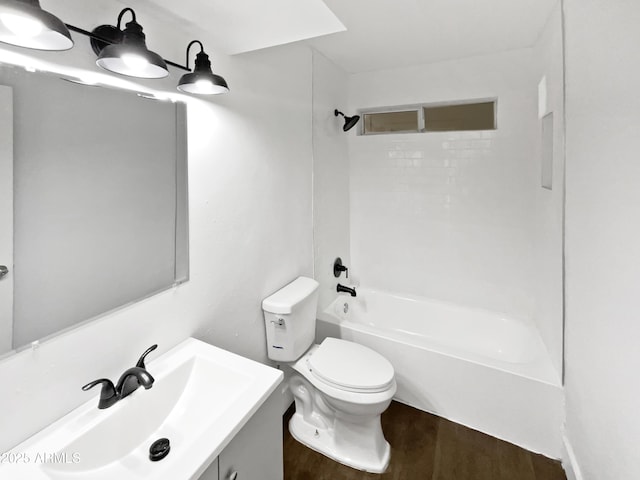 full bathroom featuring shower / bath combination, wood finished floors, toilet, and vanity