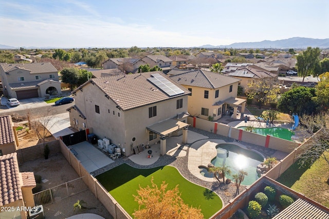 aerial view featuring a residential view and a mountain view