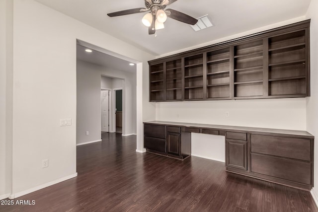 10910 E Sebring Ave, Mesa, AZ 85212 - unfurnished office with ceiling fan, dark wood-type flooring, recessed lighting, and built in study area