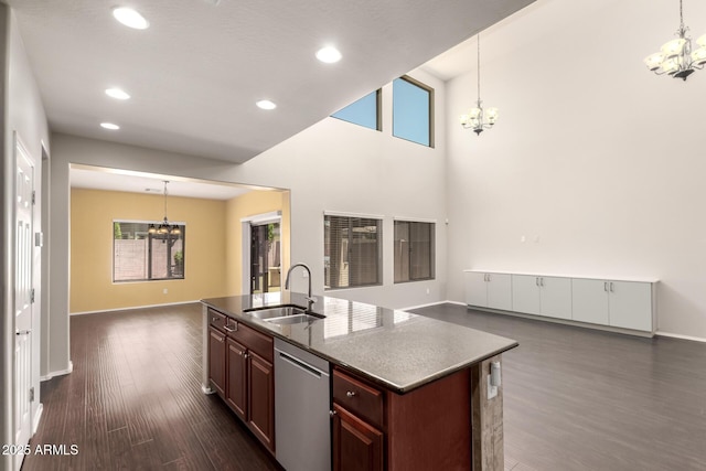 10910 E Sebring Ave, Mesa, AZ 85212 - kitchen with a chandelier, stainless steel dishwasher, open floor plan, dark wood-type flooring, and recessed lighting
