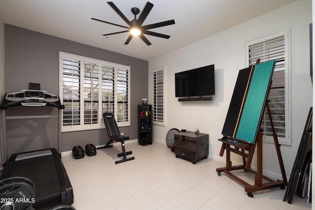 workout area with ceiling fan