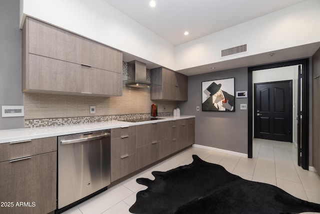 kitchen with black electric stovetop, stainless steel dishwasher, decorative backsplash, and wall chimney exhaust hood