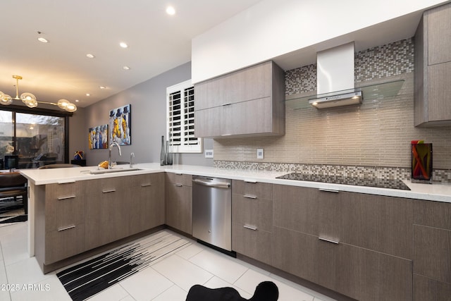 kitchen featuring wall chimney exhaust hood, sink, stainless steel dishwasher, black electric stovetop, and decorative backsplash