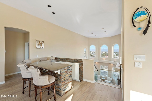 dining room with light hardwood / wood-style flooring and sink