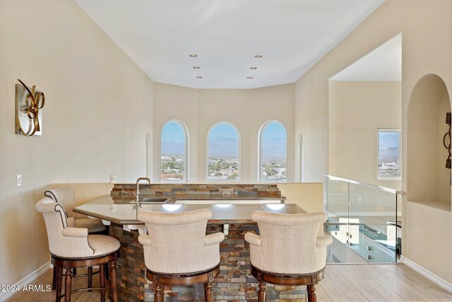 dining space featuring sink and light hardwood / wood-style floors