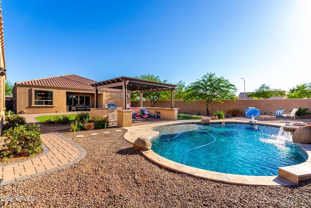 10542 W Electra Ln, Peoria, AZ 85383 - view of pool with a patio, a pergola, a fenced backyard, and exterior kitchen