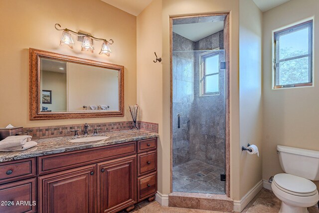 bathroom featuring vanity, toilet, and walk in shower