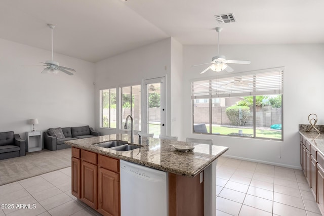 7231 W Lone Cactus Dr, Glendale, AZ 85308 - kitchen featuring dishwasher, a sink, ceiling fan, open floor plan, and lofted ceiling