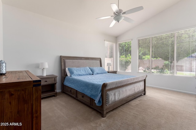 7231 W Lone Cactus Dr, Glendale, AZ 85308 - bedroom featuring light carpet, vaulted ceiling, baseboards, and ceiling fan