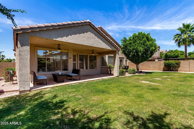7231 W Lone Cactus Dr, Glendale, AZ 85308 - rear view of property featuring ceiling fan, a patio area, and stucco siding