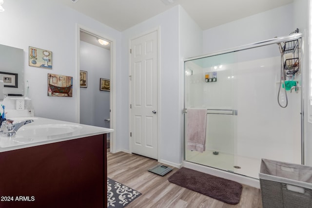 bathroom featuring wood-type flooring, vanity, and a shower with door