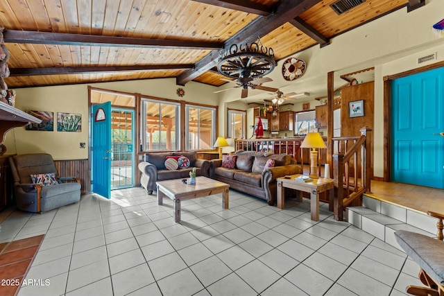 living area with wooden ceiling, visible vents, vaulted ceiling with beams, and light tile patterned floors