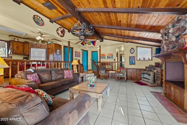 living area featuring wooden ceiling, visible vents, vaulted ceiling with beams, and light tile patterned floors