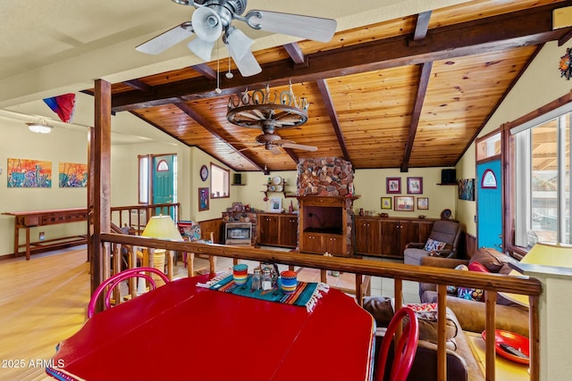 recreation room with wood ceiling, vaulted ceiling with beams, and ceiling fan