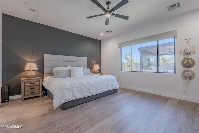 33766 N 86th St, Scottsdale, AZ 85266 - bedroom with baseboards, wood finished floors, ceiling fan, and recessed lighting