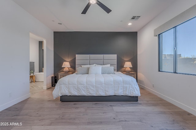 33766 N 86th St, Scottsdale, AZ 85266 - bedroom featuring baseboards, recessed lighting, wood finished floors, and a ceiling fan