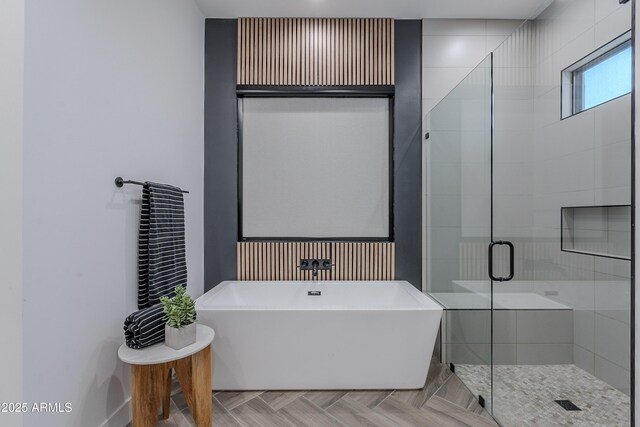 33766 N 86th St, Scottsdale, AZ 85266 - bathroom featuring a shower stall, a freestanding tub, and baseboards
