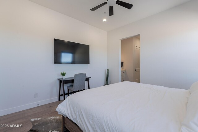 33766 N 86th St, Scottsdale, AZ 85266 - bedroom featuring wood finished floors, baseboards, recessed lighting, ceiling fan, and ensuite bathroom