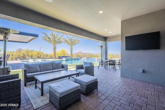 33766 N 86th St, Scottsdale, AZ 85266 - view of patio with outdoor lounge area, fence, a pool with connected hot tub, and outdoor dining area