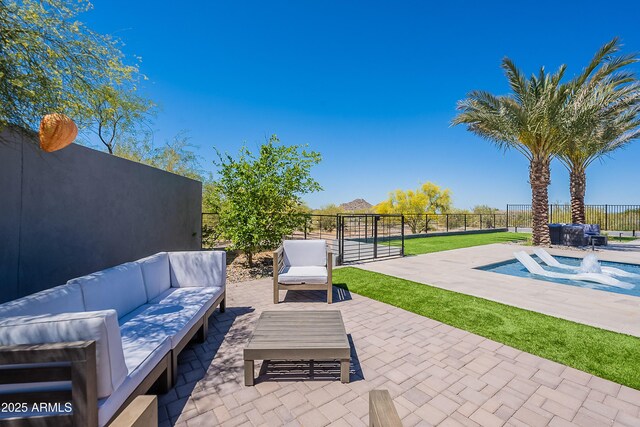 33766 N 86th St, Scottsdale, AZ 85266 - view of patio with outdoor lounge area, a hot tub, and fence